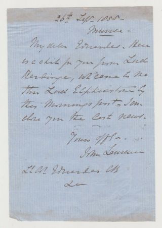 Sir John Lawrence Signed Letter To Herbert Edwardes - Viceroy Of India