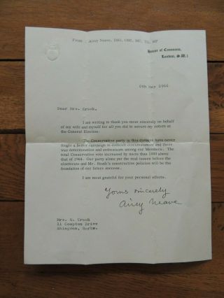 Signed Airey Neave House Of Commons Letter