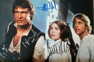 Star Wars - Hope Signed Mark Hamill,  Harrison Ford,  Carrie Fisher 12x8 W/coa