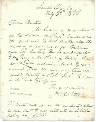James Noble Indiana Pioneer & First U.  S.  Senator Autograph Letter Signed 1820
