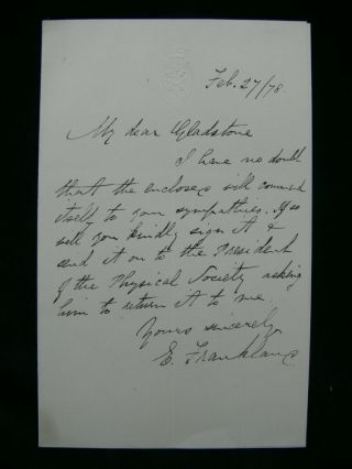 Sir Edward Frankland - Chemist - 1878 Autograph Letter