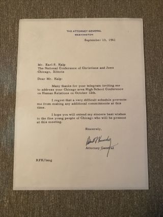 U.  S.  Attorney General Robert F.  Kennedy Signed Typed Letter September 13,  1961