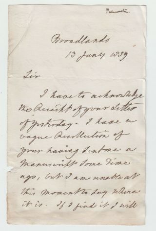 Lord Palmerston,  Prime Minister,  Autograph Letter Signed 1859