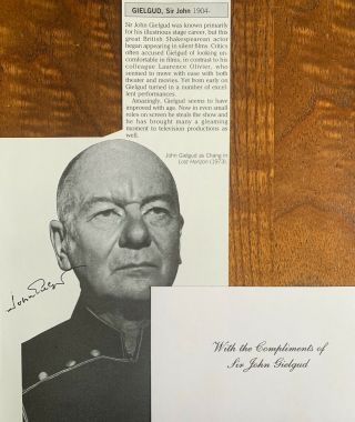 Sir John Gielgud Autographed Book Page With Compliment Slip