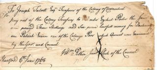 Connecticut 1768 William Pitkin Jr Signed Pay Order For Dr Porter Treating Poor
