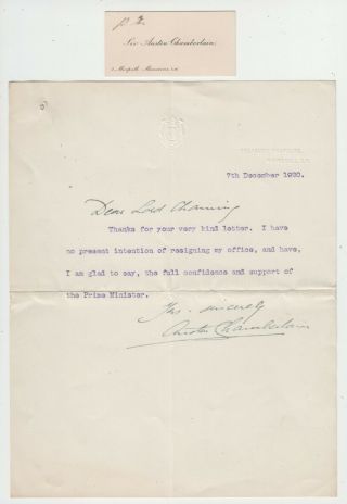 Austen Chamberlain,  Signed Letter 1920,  Visiting Card