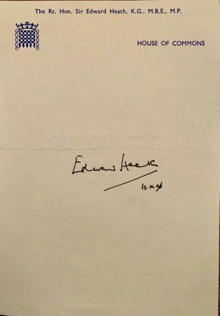 Sir Edward Heath,  Former British Prime Minister Signed Note House Of Commons