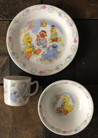 Vintage Sesame Street Porcelain Plate Bowl Mug Set “flying A Kite” By Newcor