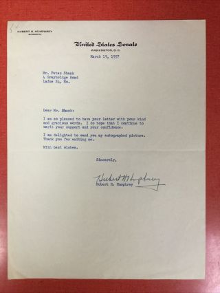 Hubert Humphrey - Signed Typed Letter March 19,  1957 Minnesota Us Vice President