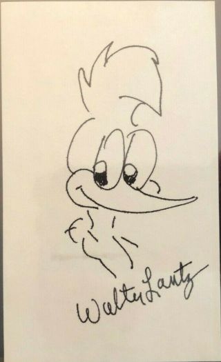 Walter Lantz Signed Sketch Index Card Woody Woodpecker Artist Autograph