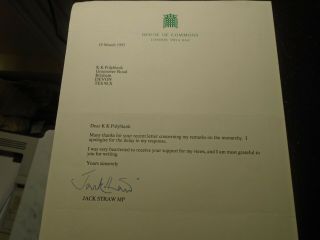 1993 Jack Straw Mp,  Ex Home Secretary & Foreign Sec,  Signed Letter Commons Paper