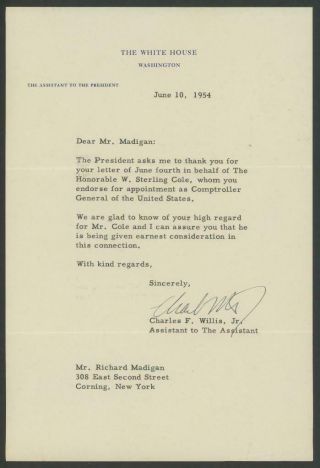 Charles F.  Willis Signed 1954 Letter | White House Letterhead | Eisenhower