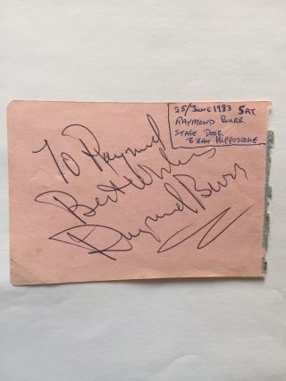 Raymond Burr Signed Autograph Book Page Ironside,  With Karen Kay On The Reverse