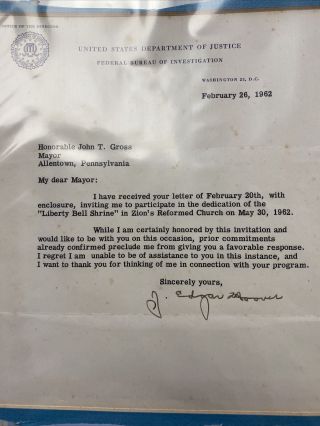 Fbi Director J.  Edgar Hoover Autographed Letter With