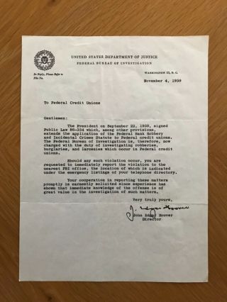 J.  Edgar Hoover Signed Letter On Fbi Letterhead November 4,  1959