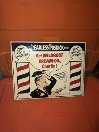 Al Capp Fearless Fosdick Dick Tracy Wildroot Cream Oil Hair Cut Metal Sign 14”