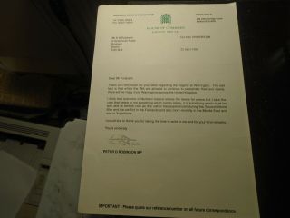 1993 Peter Robinson,  Northern Ireland Minister,  Signed Letter,  House Of Commons