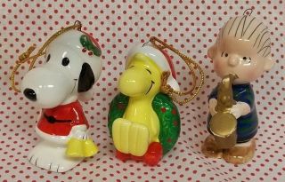 3 Vintage Peanuts Christmas Ceramic Ornaments,  Snoopy,  Woodstock,  Linus W/saxophone