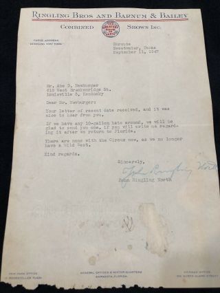 John Ringling North Typed Letter Signed 9 - 11 - 1947