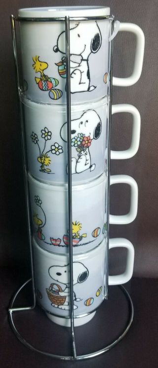 Peanuts Snoopy Easter Ceramic Stackable Coffee Mugs Set 4 With Stand