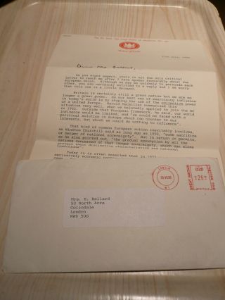 1996 Signed Letter From Geoffrey Howe Conservative Politician.  Subject Europe