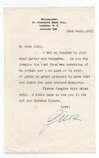 Rare Gina Bachauer 1913 - 76 Greek Classical Pianist.  One Page Typed Letter Signed
