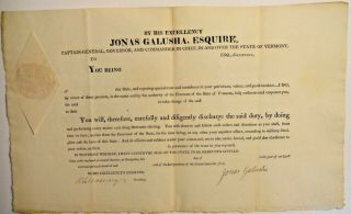 Jonas Galusha Governor Of Vt 1816 Signed Militia Commission - War Of 1812
