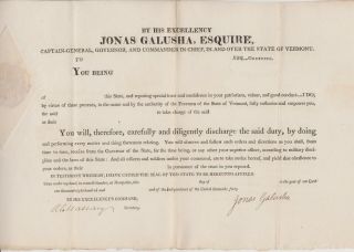 JONAS GALUSHA GOVERNOR OF VT 1816 Signed MILITIA Commission - WAR OF 1812 2