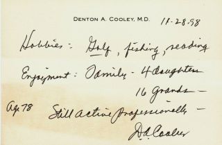 Denton A.  Cooley,  M.  D. ,  U.  S.  Heart Surgeon Signed Card (1998)