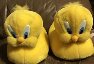 Vtg 1990’s Looney Tunes Tweety Bird Slippers Big Plush House Shoes Med 7 - 8 1999
