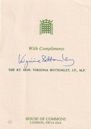 Virginia Bottomley Autograph Hand Signed Compliment Slip Politics