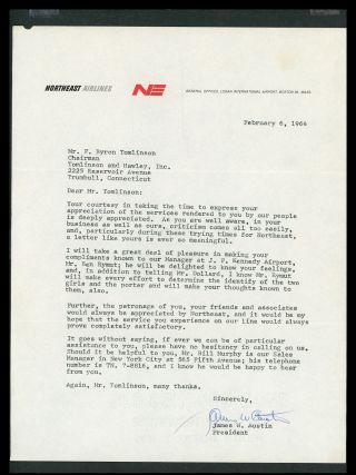 Northeast Airlines Vintage Letter Signed By President James Austin (1964)