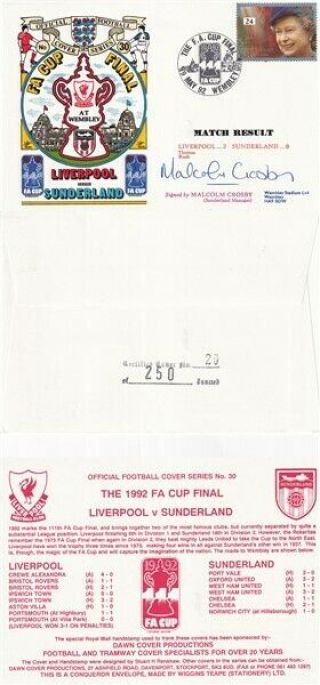9 May 1992 Liverpool V Sunderland Fa Cup Football Cover Signed By Malcolm Crosby