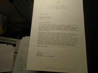 1993 Mary Robinson,  Ireland President,  Letter,  Warrington Bomb,  Runai Letterhead