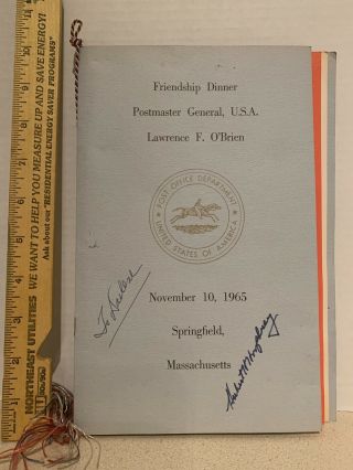 1965 Vice President Hubert H Humphrey Autographed Dinner Menu Springfield Mass