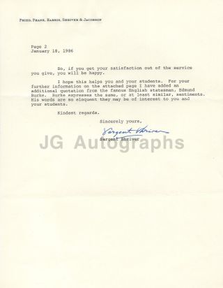 Sargent Shriver - American Statesman - Signed Letter (tls),  1986
