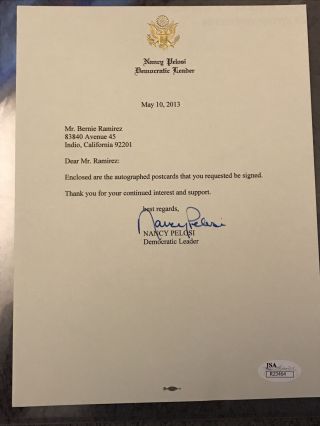 Nancy Pelosi Signed Letter Jsa Speaker Of The House Auto Autograph Ca President