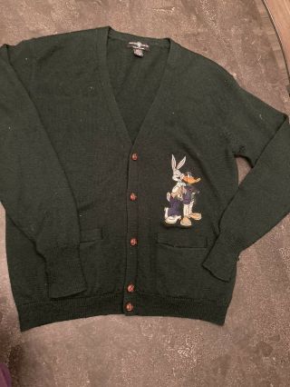 Vintage Warner Bros Men ' s Cardigan Sweater Bugs Bunny Daffy Duck Wool Large 2