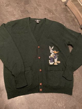 Vintage Warner Bros Men ' s Cardigan Sweater Bugs Bunny Daffy Duck Wool Large 3