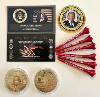 Trump Golf Ball Marker Coin & Tee Set.  Bit Coin - 24k Gold Plated,  1 Decal