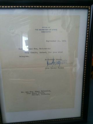 Sept.  1951 Office Of The Secretary Of State John Foster Dulles Letter Autograph