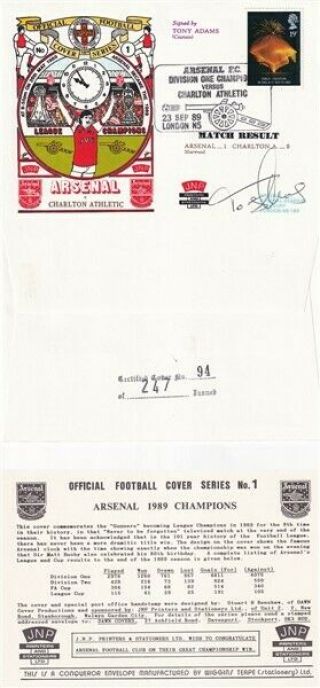 23 Sept 1989 Arsenal V Charlton A Football Cover Signed By Tony Adams