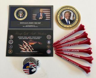 Trump.  Patriot Golf Ball Marker & Hat Clip,  6 Maga Golf Tees.  With 1 Decal