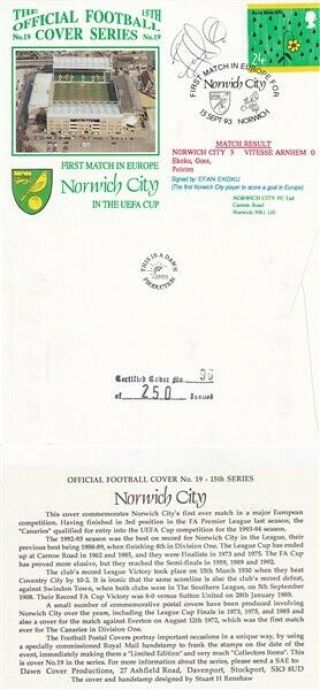 15 Sept 1993 Norwich City V Vitesse Arnhem Football Cover Signed By Efan Ekooku