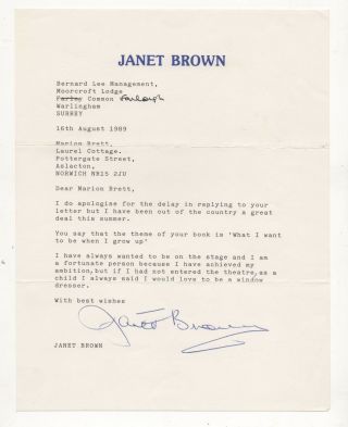 " Janet Brown " 1989 Hand Signed Letter To,  Child Line,  Esther Rantzen.