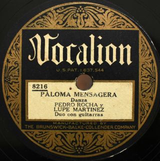 Pedro Rocha Y Lupe Martinez 78 Paloma Mensagera/una Noche Serena Vocalion 8216