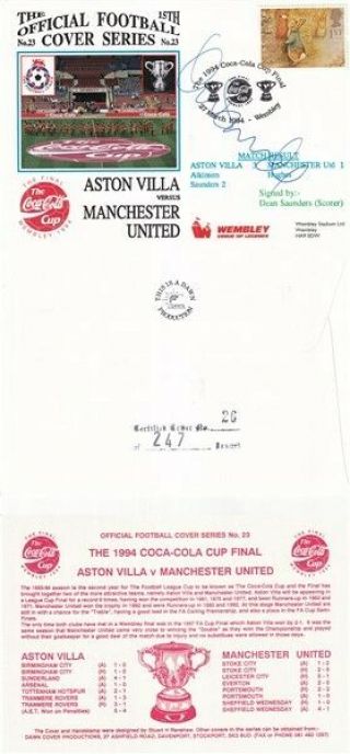 27 March 1994 Aston Villa V Manchester U Football Cover Signed By Dean Saunders