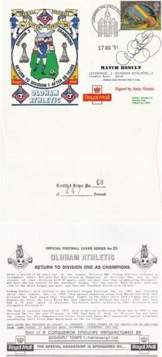 17 Aug 1991 Liverpool V Oldham A Football Cover Signed By Andy Ritchie