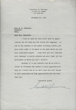 11 - 30 - 1940 Wendell L.  Willkie Typed Letter Signed - Tls - To Campaign Volunteer