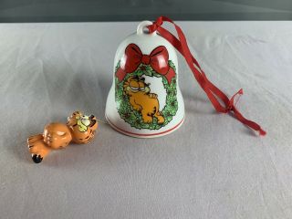 Vintage Garfield Christmas Bell Ornament W/ Hanging Garfield Ceramic 1978 Enesco